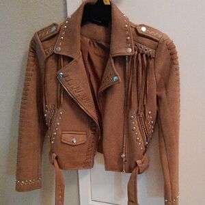Zara Tan Suede Fringe & Stud Moto Jacket